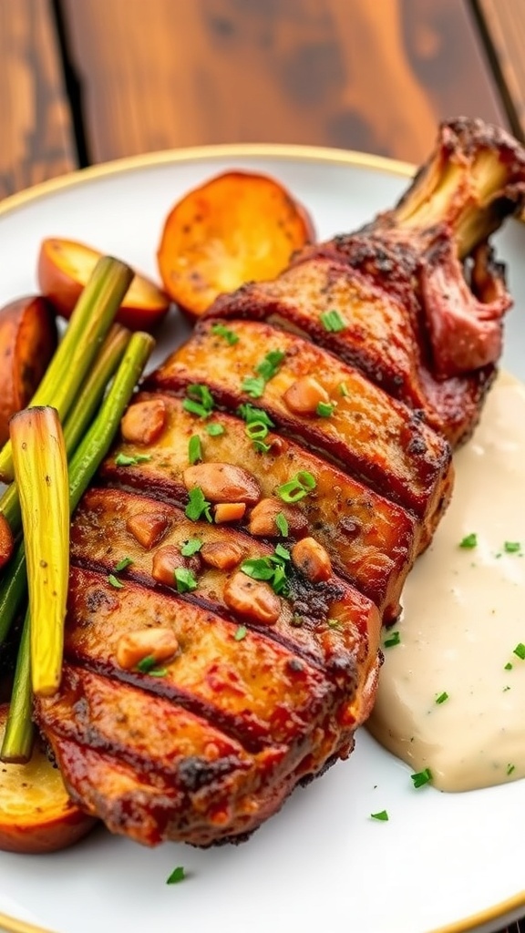 Air fryer pork shoulder steak garnished with herbs, served with roasted vegetables on a rustic table.